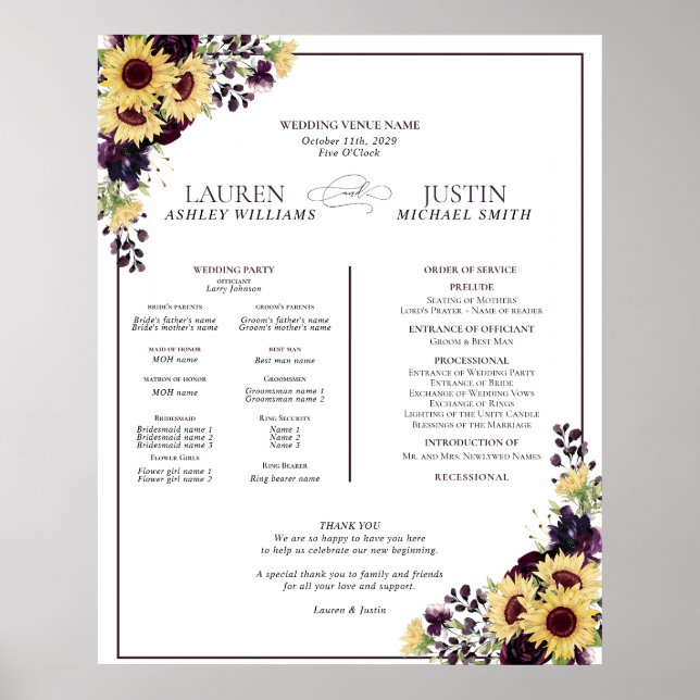 Póster Programa de Boda de Agua Pluma Púrpura de Girasol (Frente)