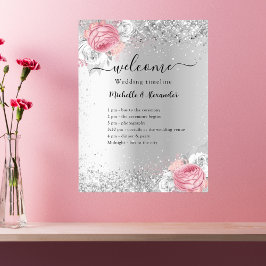 Póster Programa de boda de flores rosadas plateadas