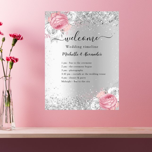Póster Programa de boda de flores rosadas plateadas (Subido por el creador)