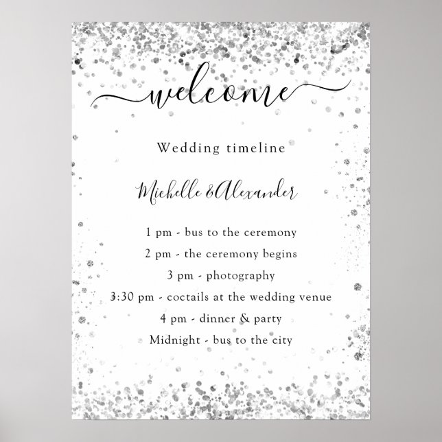 Póster Programa de boda elegante con brillo blanco platea (Frente)