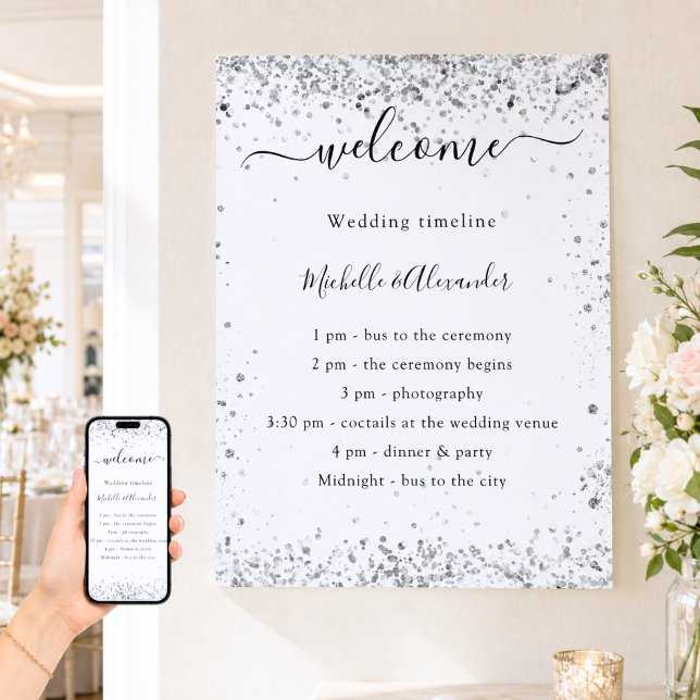 Póster Programa de boda elegante con brillo blanco platea (Subido por el creador)