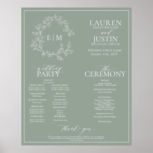 Póster Programa de Boda en Monograma del Escudo de Leafy  (Frente)