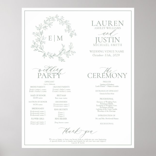 Póster Programa de Boda en Monograma Escudo de Leafy Verd (Frente)
