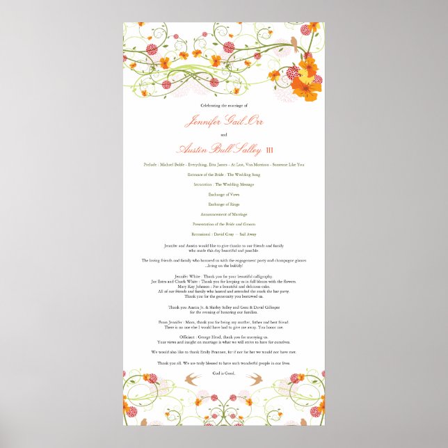 Póster Programa de Boda Floral Amarillo Hibiscus & Swallo (Frente)
