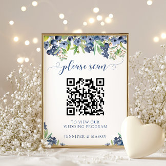 Póster Programa de Boda Floral de Arándano con Código QR