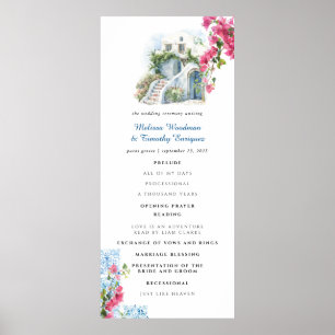 Póster Programa de Boda Floral de Baldosa Azul   Grecia