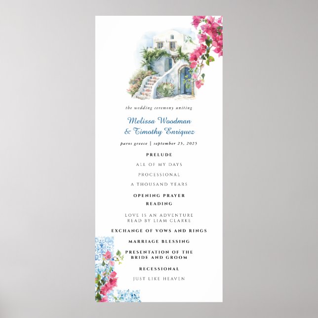 Póster Programa de Boda Floral de Baldosa Azul | Grecia (Frente)