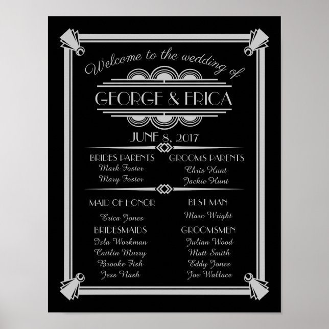 Póster Programa de bodas Art Deco, fiesta de boda de plat (Frente)