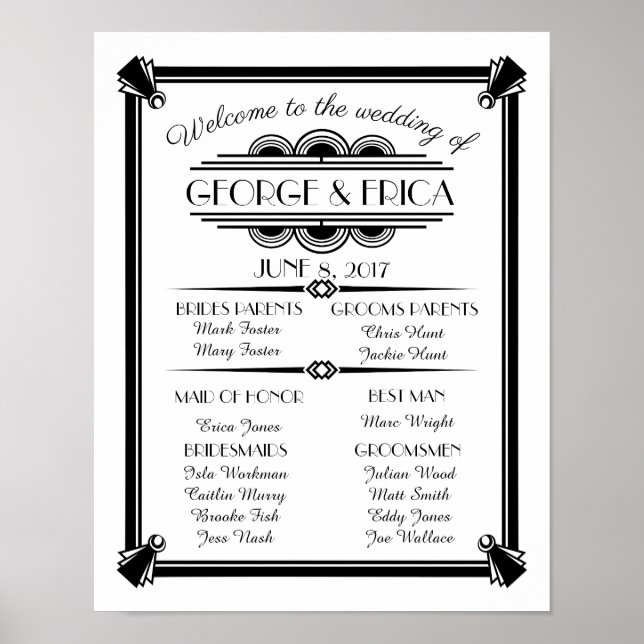 Póster Programa de bodas Art Deco, fiesta de boda de plat (Frente)