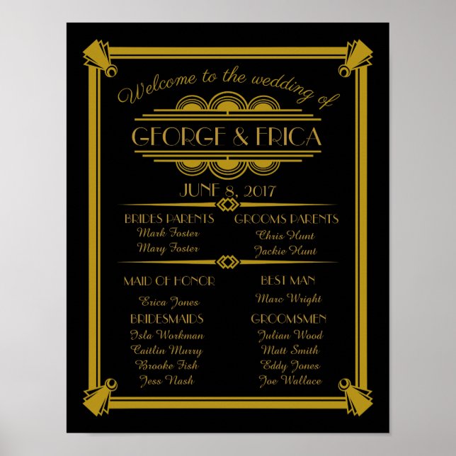 Póster Programa de bodas Art Deco, fiesta de boda de plat (Frente)