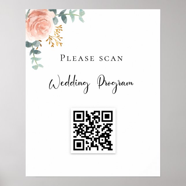 Póster Programa de bodas Código QR rubor rubor eucalipto  (Frente)