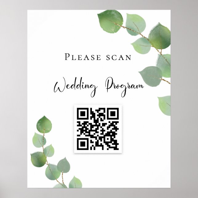 Póster Programa de bodas Código QR verde eucalipto (Frente)