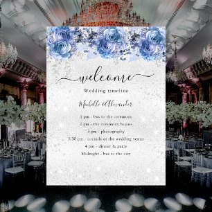 Póster Programa de bodas de flores azules plateadas