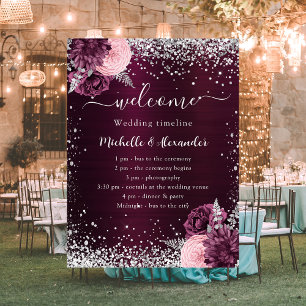 Póster Programa de bodas de flores rosadas plateadas de B