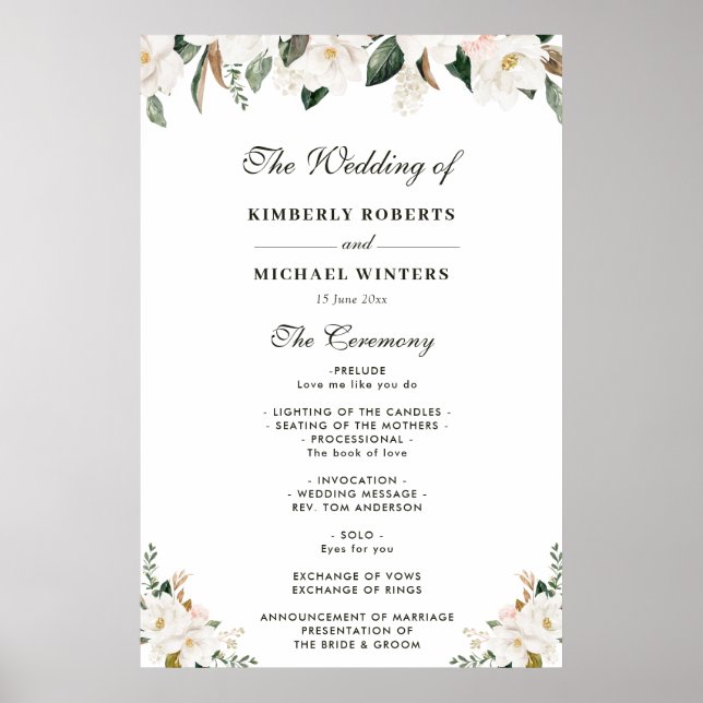 Póster Programa de bodas florales de acuarela magnolia (Frente)