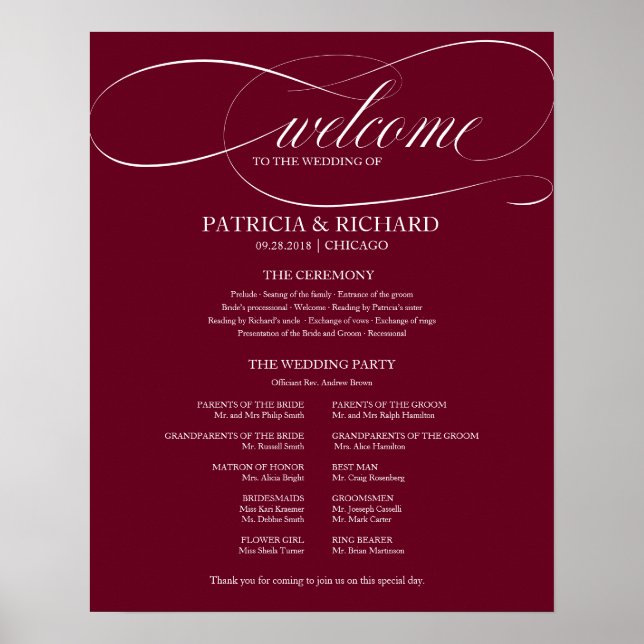 Póster Programa de Ceremonia de Boda Burgundy Marsala (Frente)