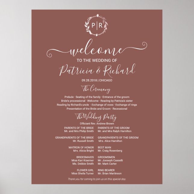 Póster Programa de Ceremonia de Boda con Monograma (Frente)