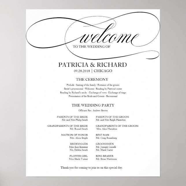 Póster Programa de Ceremonia de Boda Elegante Letra Negra (Frente)