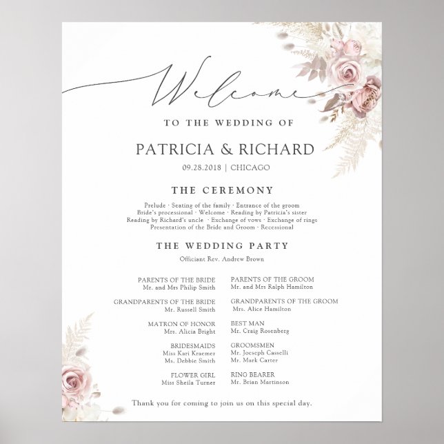 Póster Programa de Ceremonia de Boda Floral Rosa Polvorie (Frente)