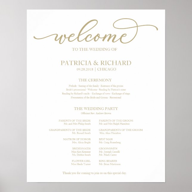 Póster Programa de Ceremonia de Boda Tablero Chic Letra D (Frente)