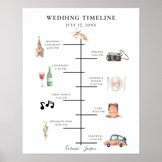 Póster Programa de Cronología de Boda con Acuarela Rústic (Frente)