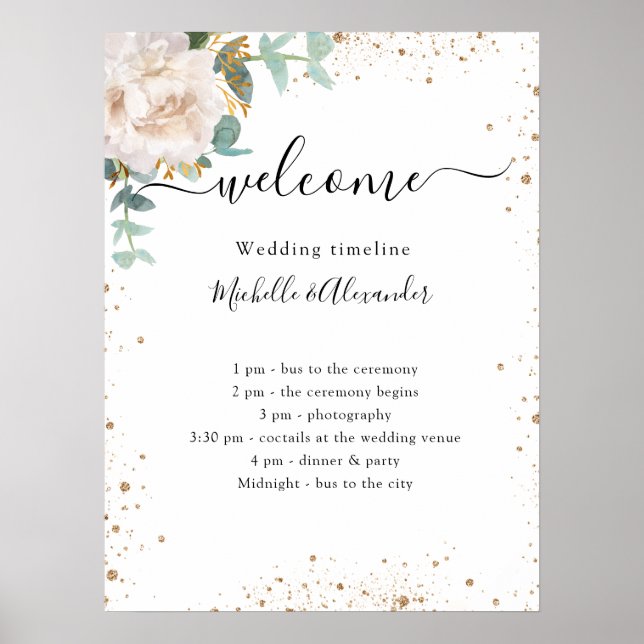 Póster Programa de cronología de boda floral eucalipto (Frente)