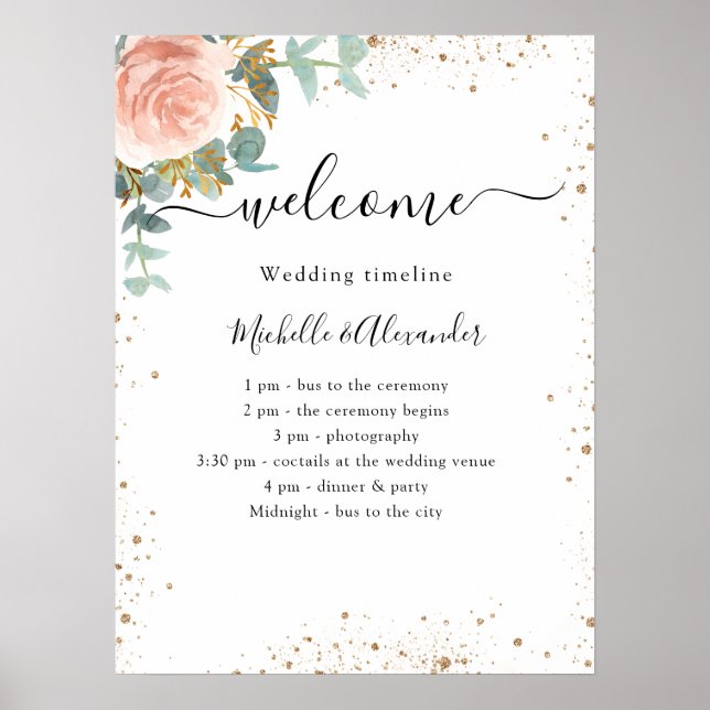 Póster Programa de cronología de boda rosa oro floral (Frente)