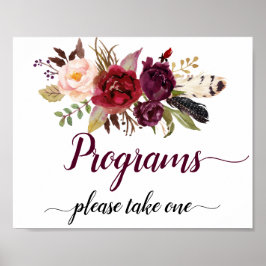 Póster Programas de Boda Floral Boho Burgundy Marsala Señ