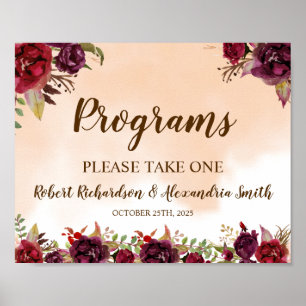 Póster Programas de flores de Borgoña Letrero de ceremoni