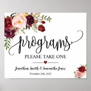 Póster Programas signo ceremonia de boda boho marsala flo