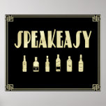 Póster Prohibición del Art Deco de los 20<br><div class="desc">Una etiqueta de vino de diseño art deco que dice speakeasy y está decorada con botellas de licor. Un diseño que define la dinámica de los años 20. Hecho en negro y oro.</div>