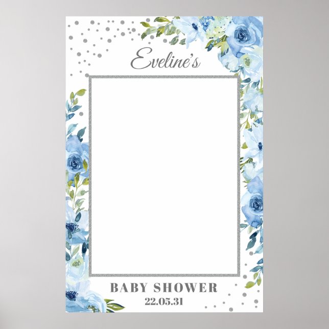 Póster Prop de foto de shower de bebé plateado con flores (Frente)
