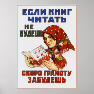 Póster Propaganda soviética. Leyendo un libro. Babushka