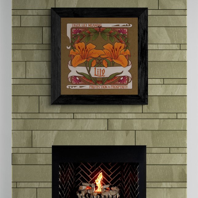 Póster Prosperidad de la protección de las flores de tigr (Tiger Lily Flower Meaning Vintage Style Dark Background Poster - Protection and Prosperity)