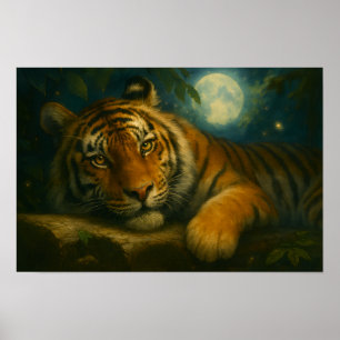 Póster Protesta de tigres acuarelas en bosque nocturno