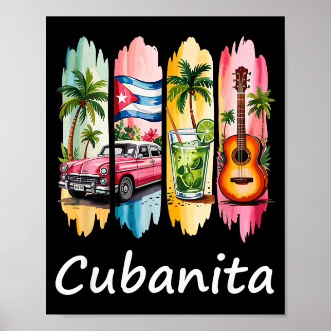 Póster Proud Cubanita Cuban Flag Guitar Mojito Car Design (Frente)