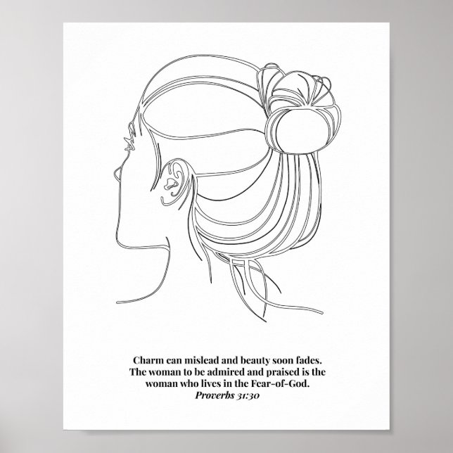 Póster Proverbs 31:30 Womans Face Line Art Sketch Black a (Frente)