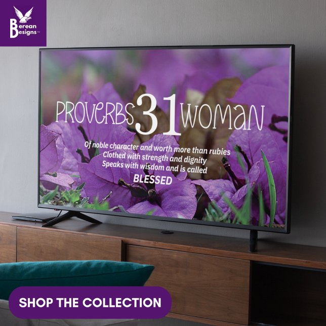 Póster PROVERBS 31 Fotos cristianas para TV (Christian Proverbs 31 Woman wall art for display TV with purple bougainvillea flowers and Bible text)