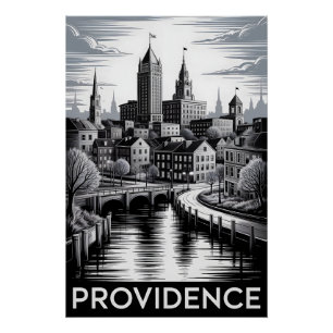 Póster Providence Rhode Island Negro Blanco Grabado en Ma