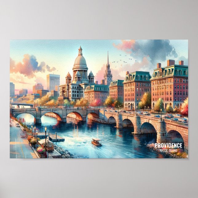 Póster Providence Rhode Island Travel Places acuarela (Frente)