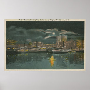 Póster Providence, RI - Night View of City & Waterfront