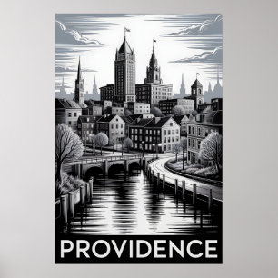 Póster Providencia Rhode Island Grabado en Madera Blanco