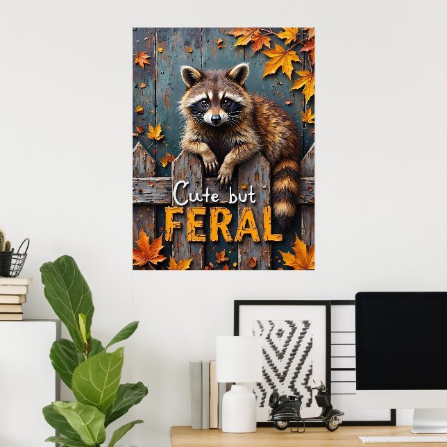 Póster Prowler de otoño: Raccoon sobre la cerca meteoroló (Oficina en casa)