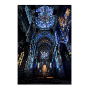 Póster Proyección de vidrio teñido de catedral en ruinas