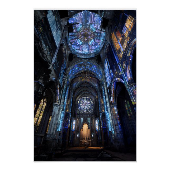 Póster Proyección de vidrio teñido de catedral en ruinas  (Anverso)