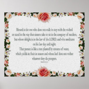 Póster Psalm 1, Floral  Borders, Oil, Blessed is the one,