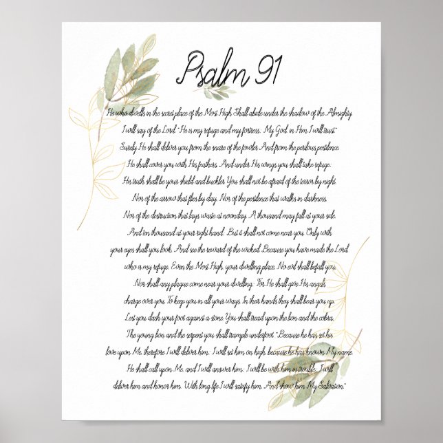 Póster Psalm 91 Bible Art Soft Green Leaves Christian (Frente)