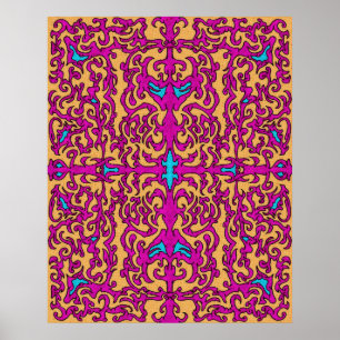 Póster Psicodelic Neon Pink Baroque FlouriPattern