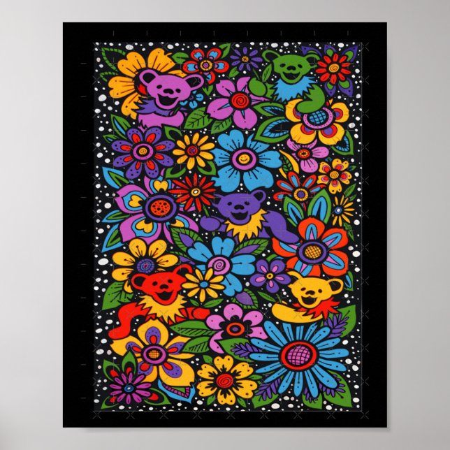 Póster Psychedelic Flowers Dancing Bears Coloured Gratefu (Frente)