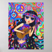 Psychedelic Hippie Mermaid Girl with Guitar Peace